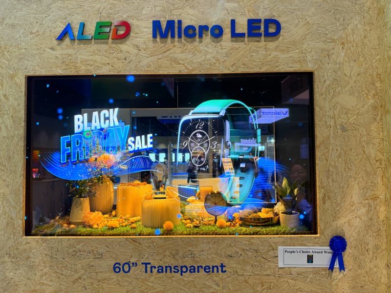 友达60吋高透明度Micro LED显示器获&rdquo;最佳Micro LED技术应用奖&rdquo;，将Micro LED面板透明化之设计特性极致发挥，以可扩展性无缝拼接技术打造，具备600 nits全画面亮度、大于60%穿透率及超过NTSC 110%的优异广色域表现，可依需求灵活应用于各种场域