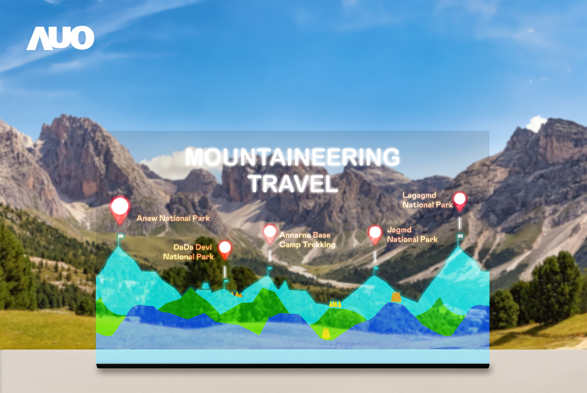 友达展示全球单片尺寸最大(*)42吋透明Micro LED显示器拼接而成的〝64吋透明Micro LED显示器〞，具备高透明度、1,000 nits高亮度、广色域、采用三边无边框的无缝拼接等多重特色，呈现超高清、细腻画质而不遮挡后方视觉，满足层峰需求，可广泛运用于零售、艺术展览或商业空间等场域